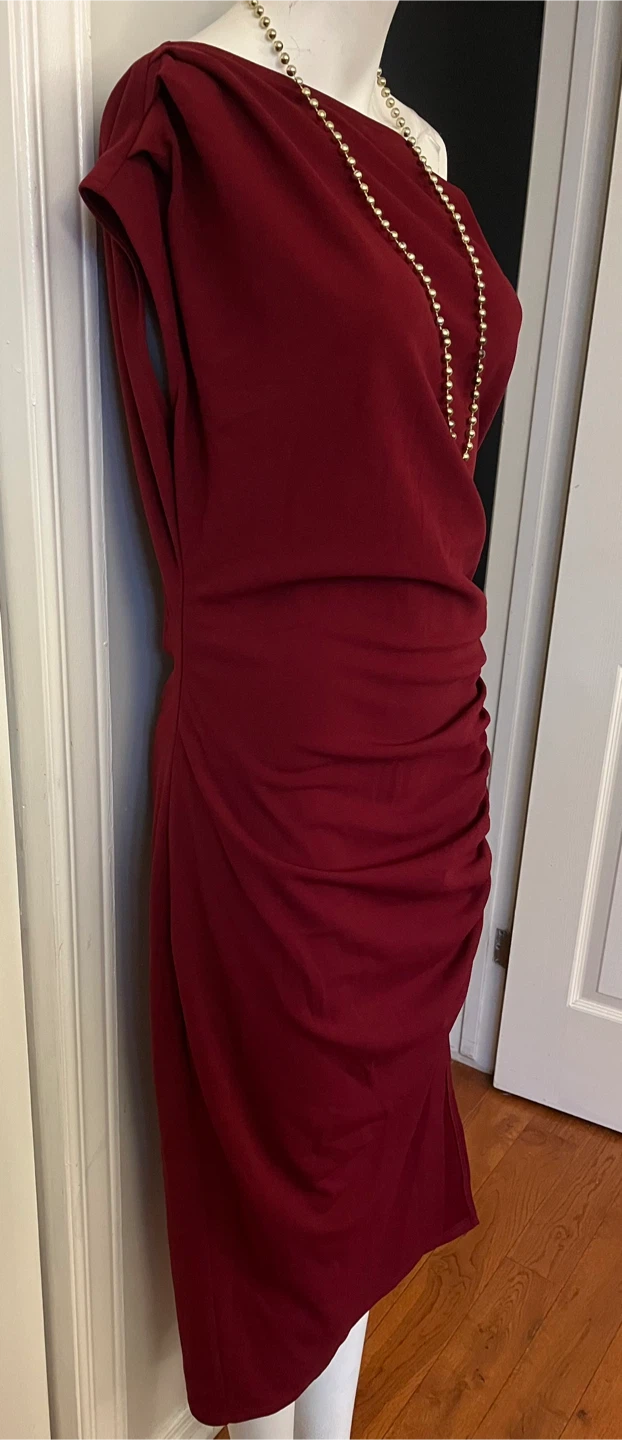 Women's One-Shoulder Ruched Midi Dress with Slit - Burgundy - photo 5