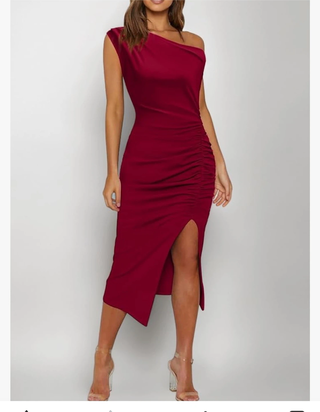 Women's One-Shoulder Ruched Midi Dress with Slit - Burgundy - photo 2