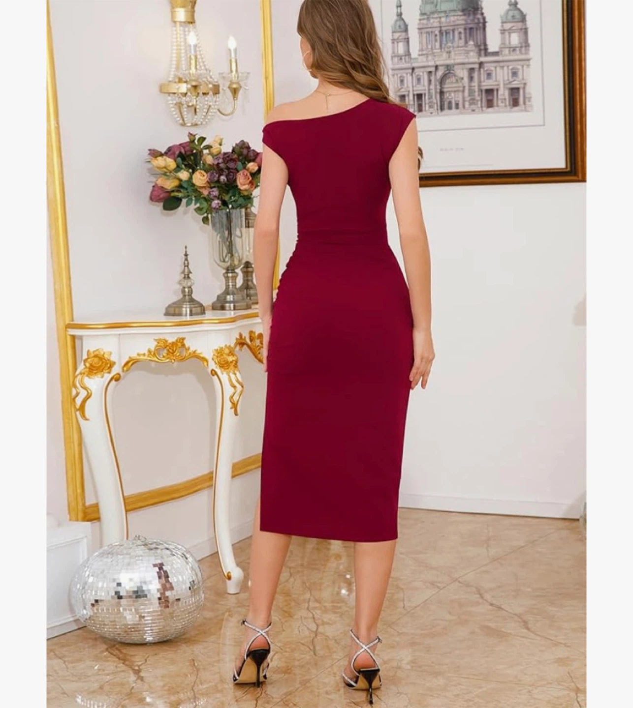 Women's One-Shoulder Ruched Midi Dress with Slit - Burgundy - photo 3