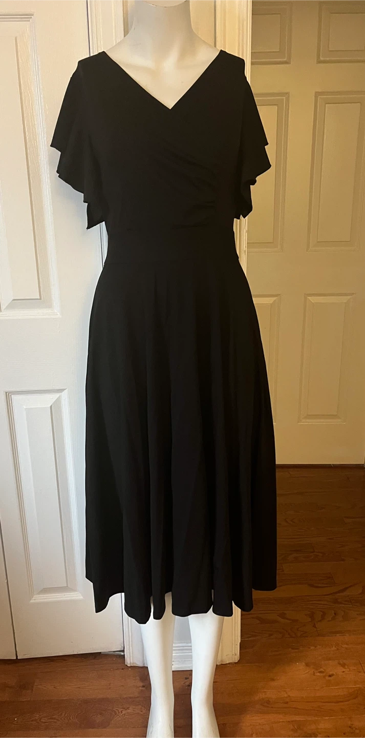 Black V-Neck Midi Dress with Flutter Sleeves - photo 5