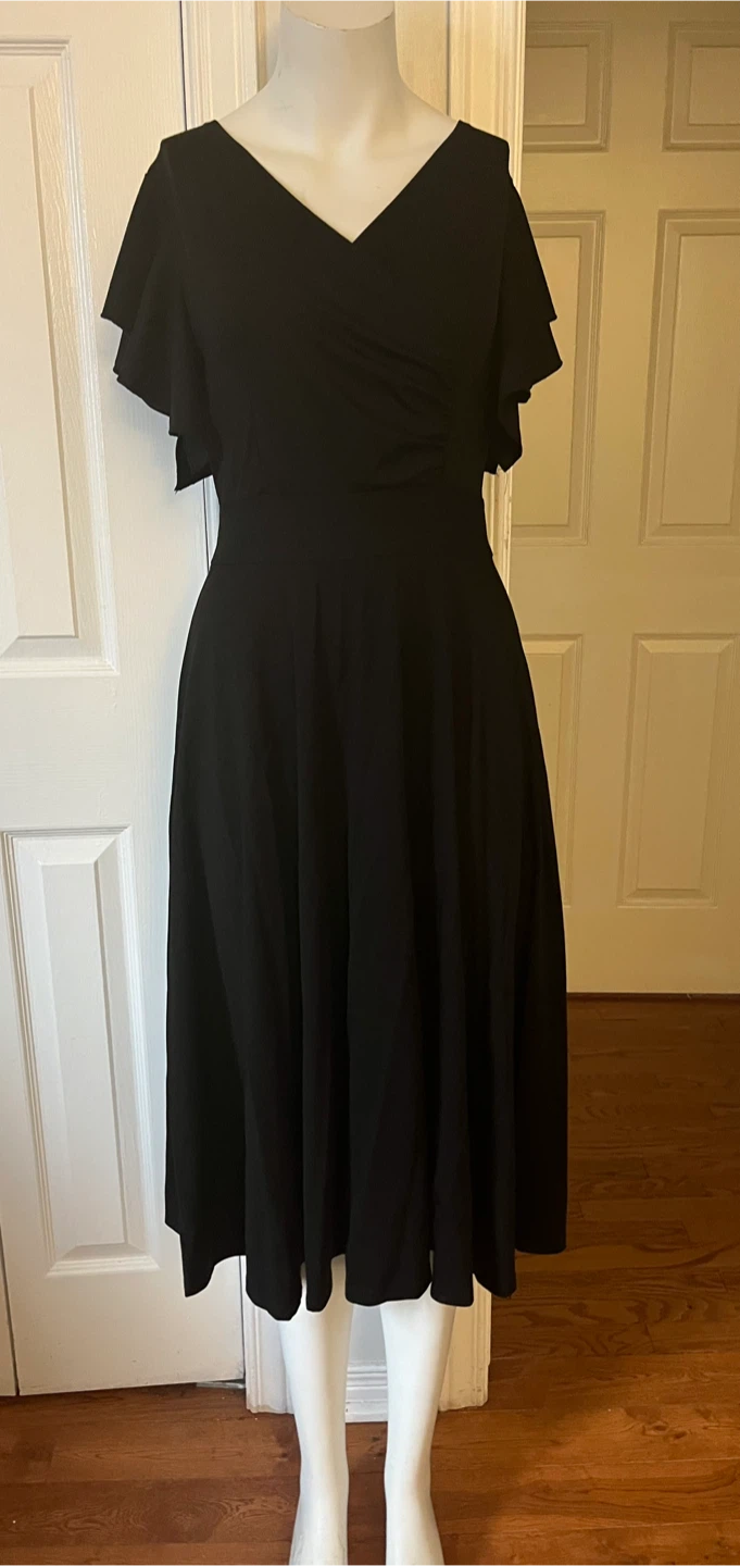 Black V-Neck Midi Dress with Flutter Sleeves - photo 2