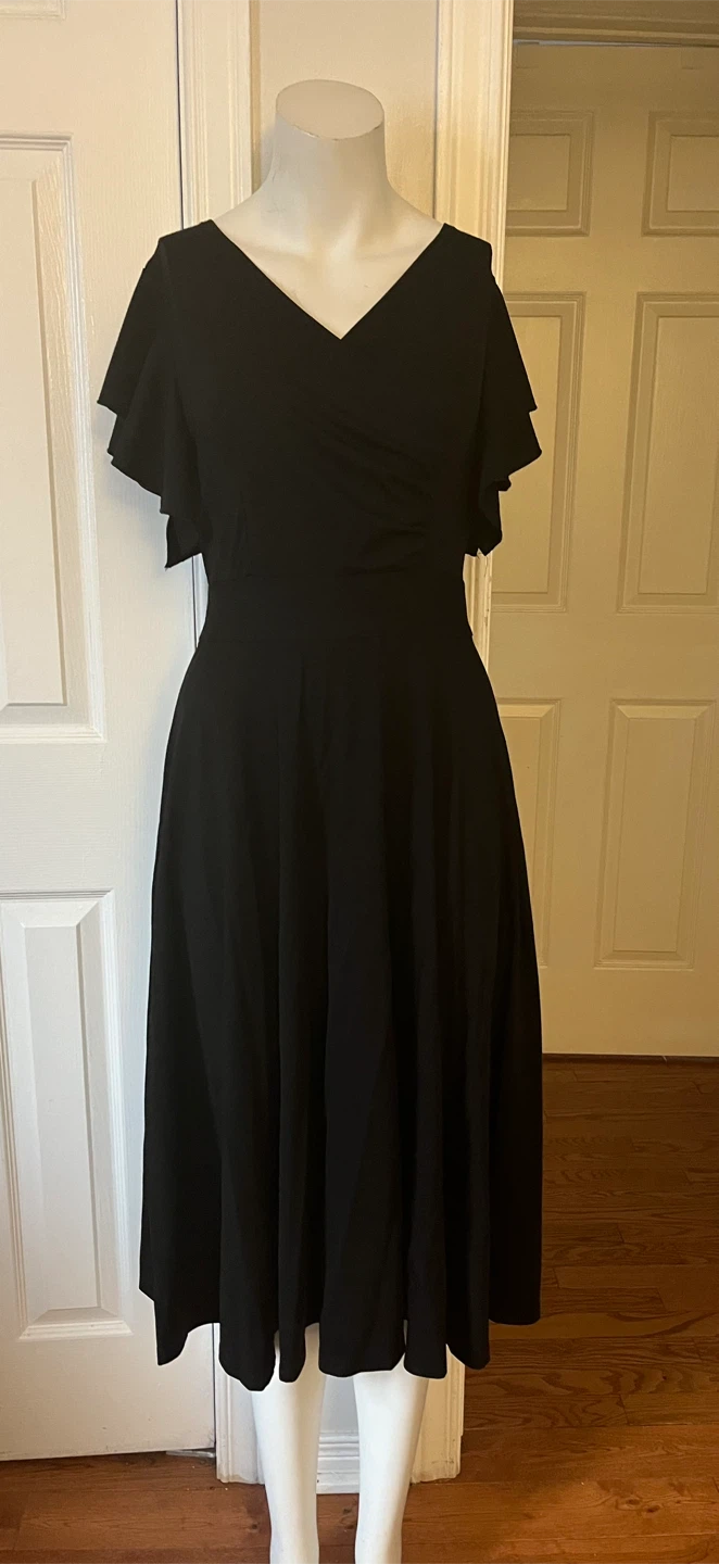 Black V-Neck Midi Dress with Flutter Sleeves - photo 3