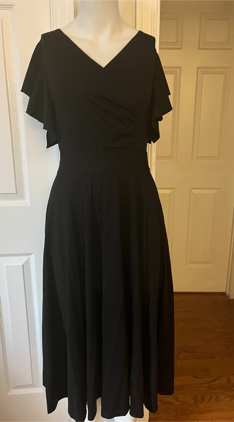 Black V-Neck Midi Dress with Flutter Sleeves - photo 4