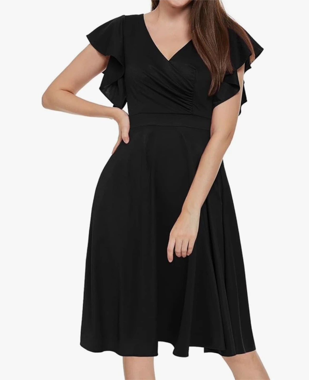 Black V-Neck Midi Dress with Flutter Sleeves