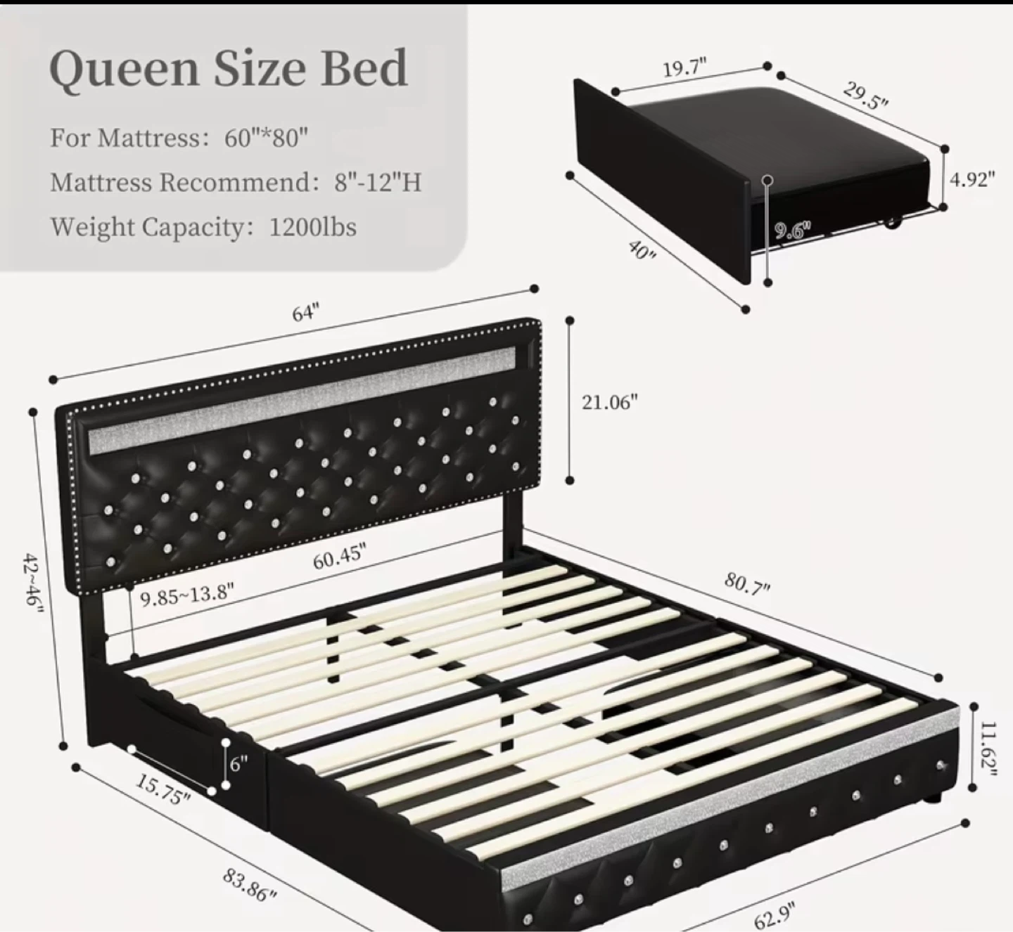 Queen Size Black Upholstered Bed Frame with LED Lights - photo 2