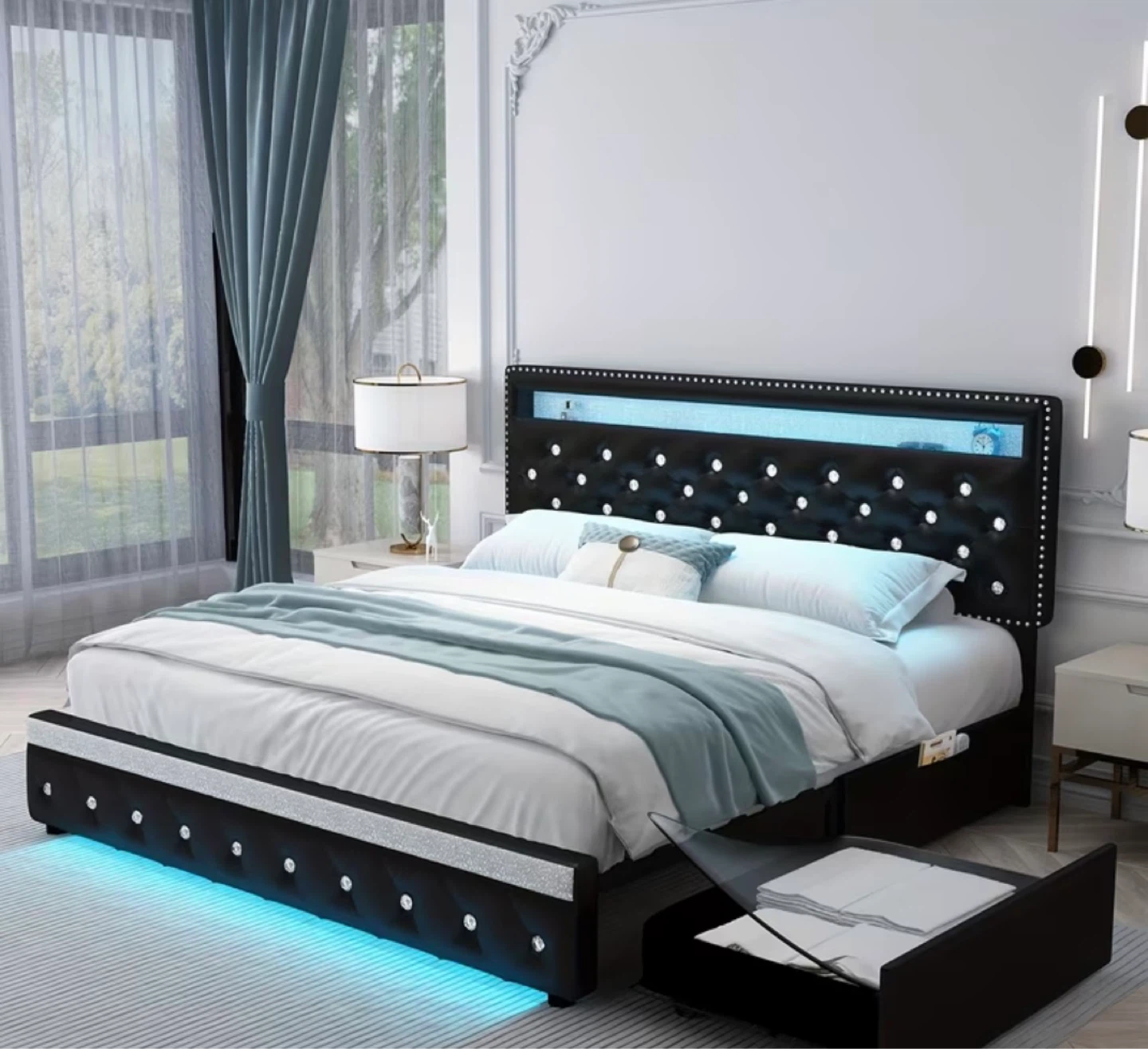 Queen Size Black Upholstered Bed Frame with LED Lights