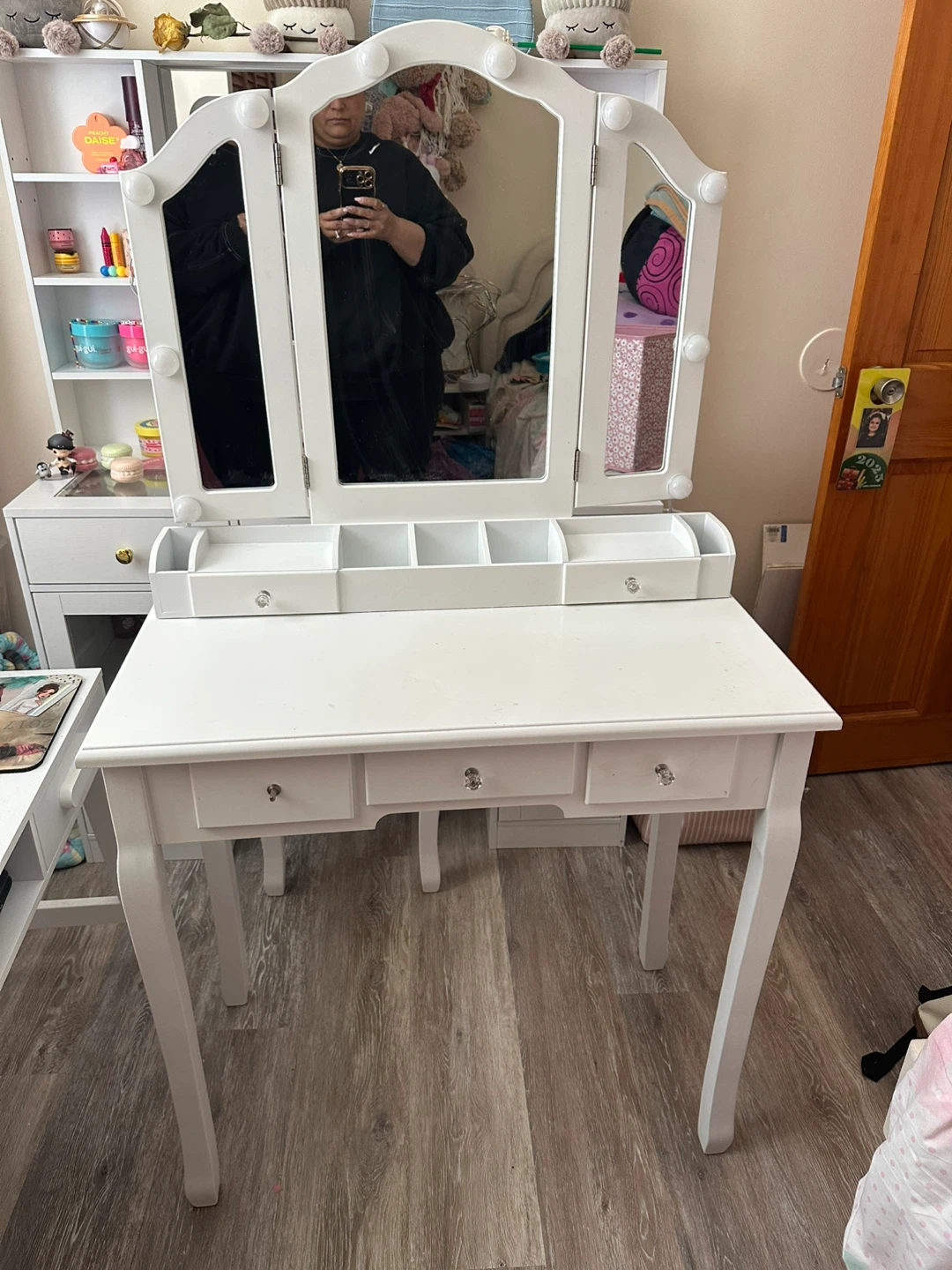 White Vanity Desk with Tri-Fold Mirror and Lights - photo 2