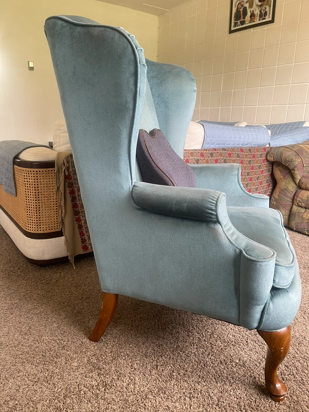 Light Blue Wingback Armchair with Decorative Pillow - photo 2