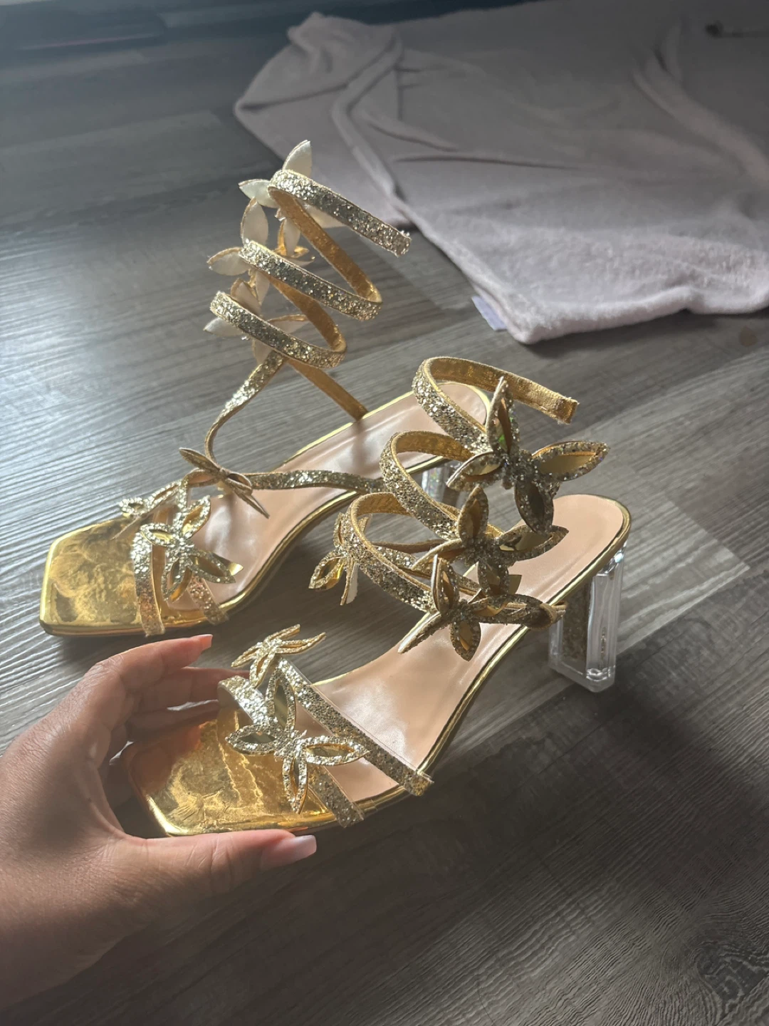 Gold Glitter Butterfly Strappy Heels