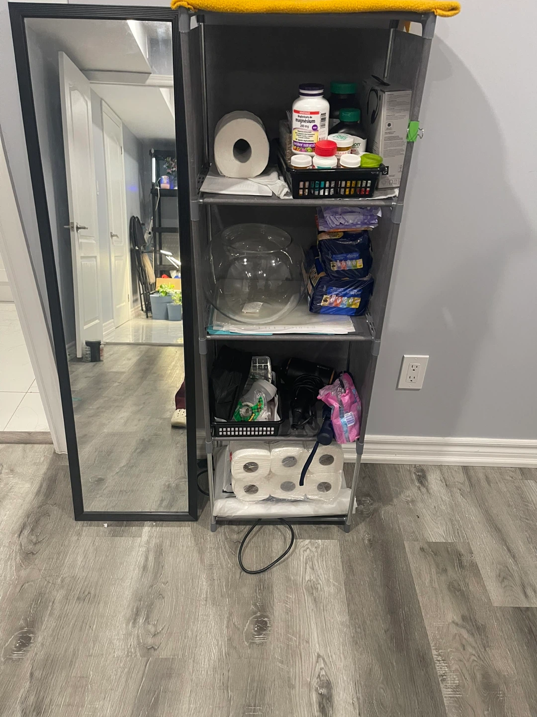 Grey 5-Tier Storage Shelf with Mirror