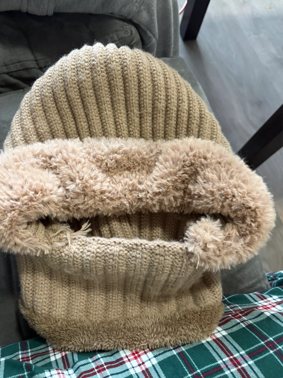 Tan Knit Beanie with Fleece Lining