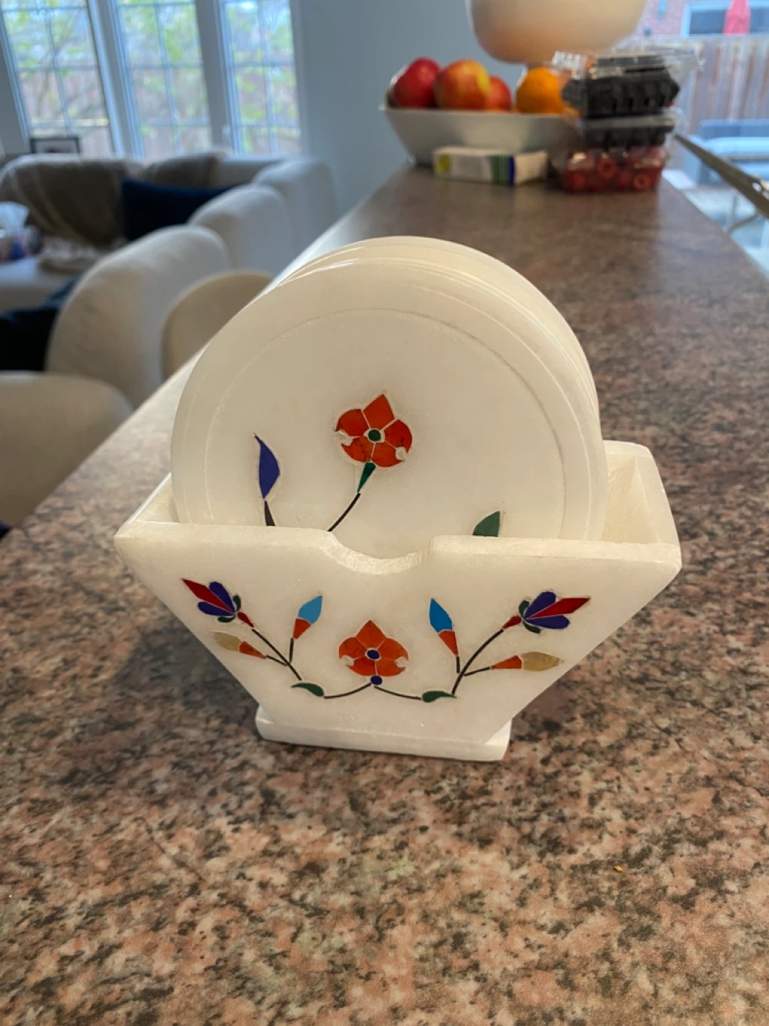 Set of 6 White Marble Coasters with Floral Inlay - photo 3