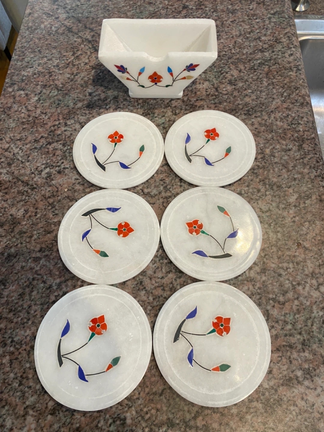Set of 6 White Marble Coasters with Floral Inlay - photo 2