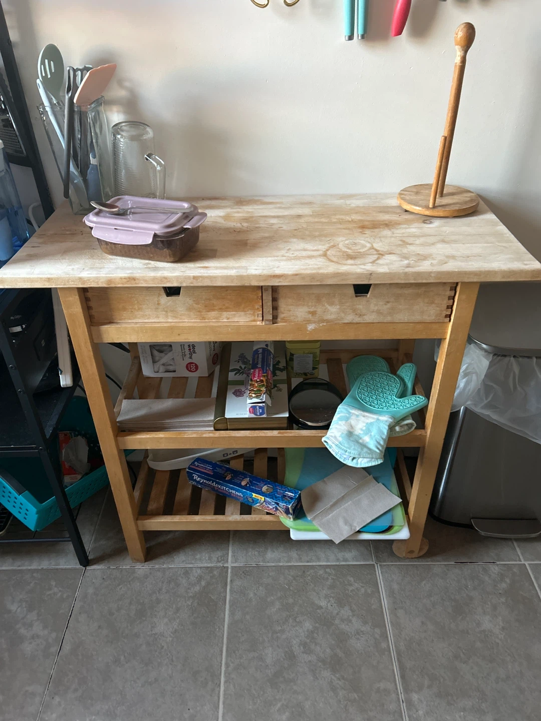 Wooden Kitchen Cart with Storage Shelves and Drawers