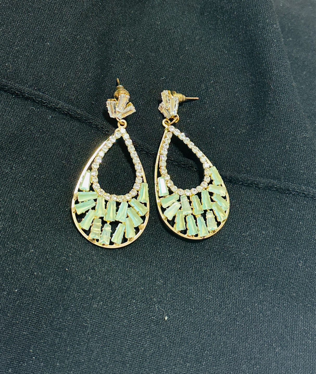 Teardrop Earrings with Green and White Stones