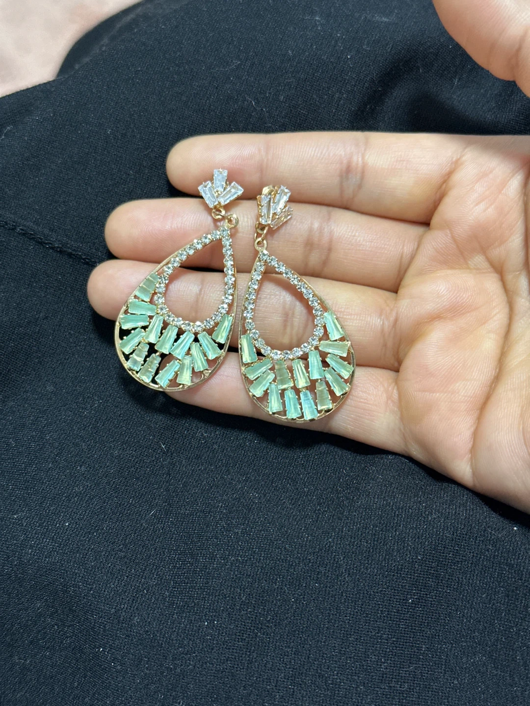 Teardrop Earrings with Green and White Stones - photo 4