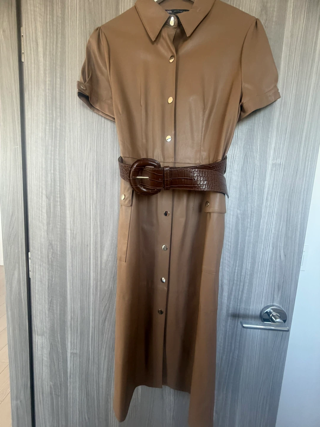 ZARA Tan Faux Leather Belted Midi Dress - Size Medium