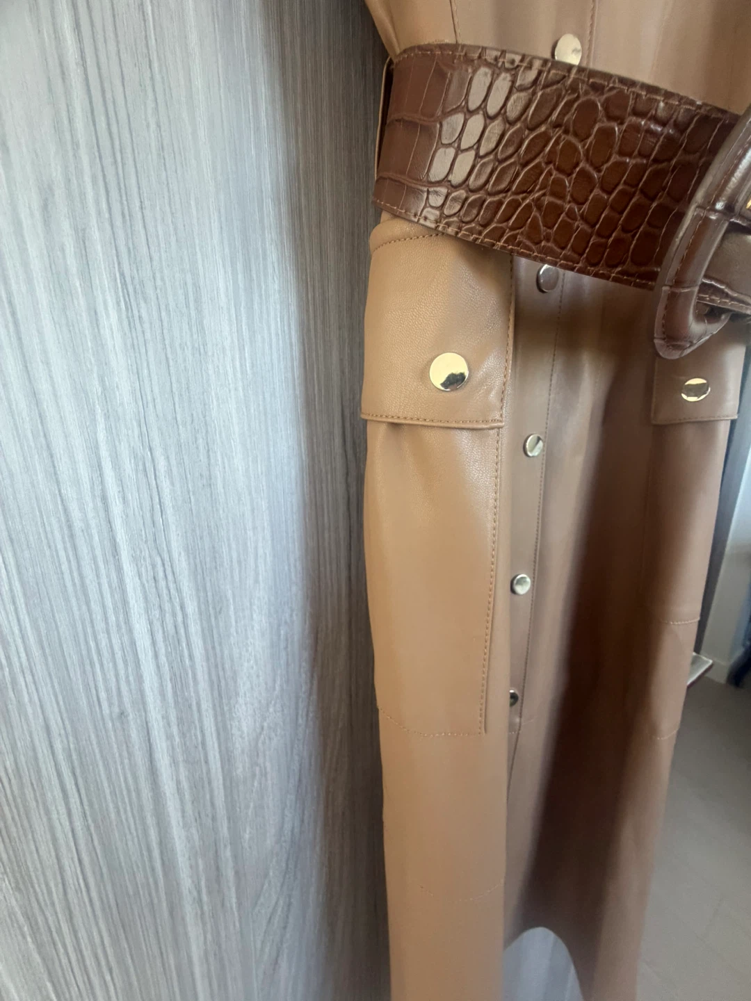 ZARA Tan Faux Leather Belted Midi Dress - Size Medium - photo 3