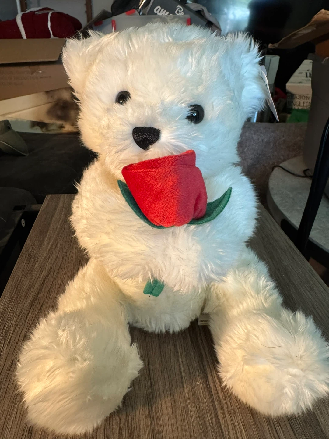 White Teddy Bear with Red Rose Plush