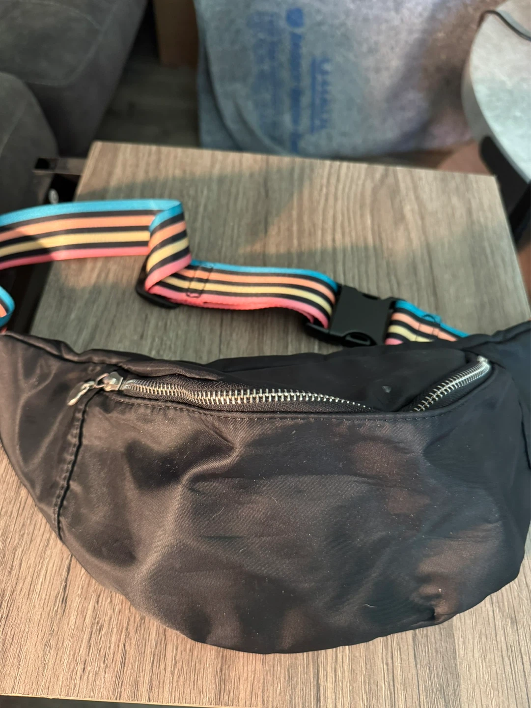 Black Fanny Pack with Striped Strap