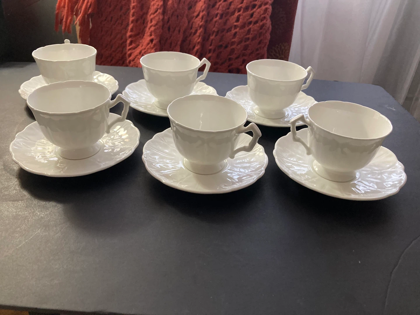 Aynsley Crocus Set of 6 White Teacups and Saucers
