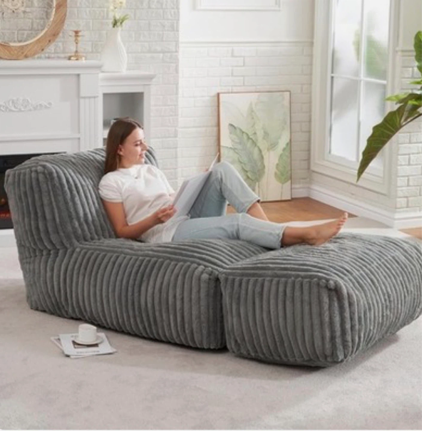 Grey Corduroy Lounger Sofa Bean Bag Chair