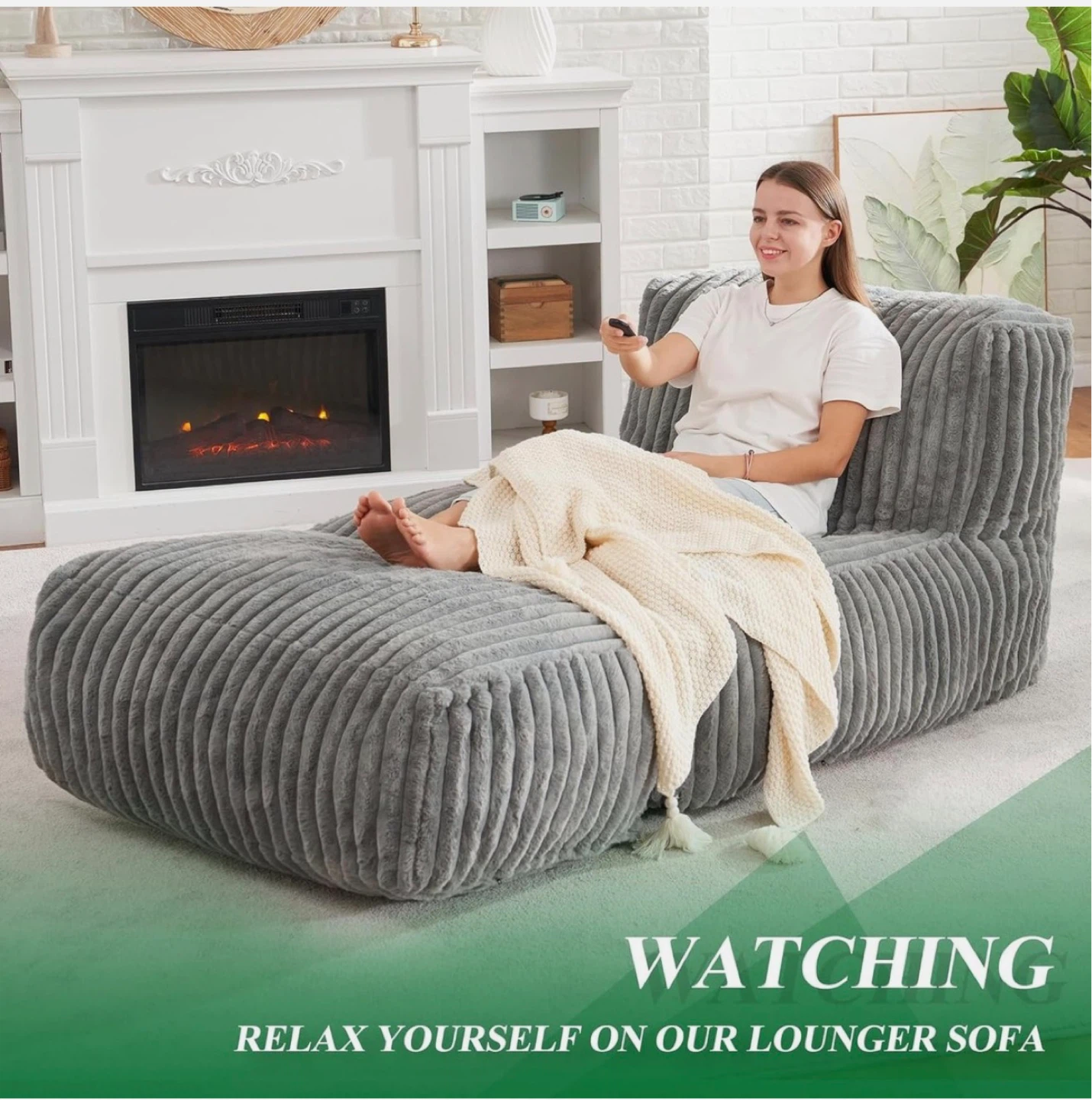 Grey Corduroy Lounger Sofa Bean Bag Chair - photo 3
