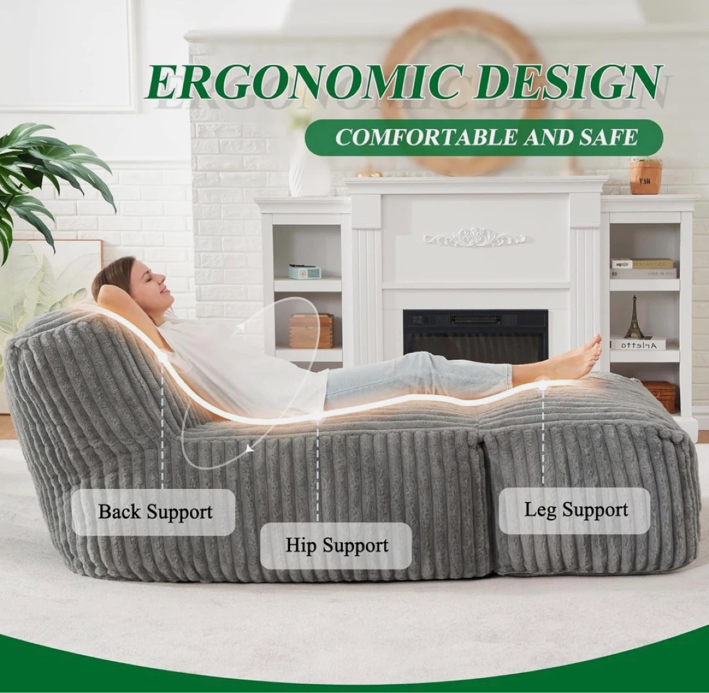 Grey Corduroy Lounger Sofa Bean Bag Chair - photo 2