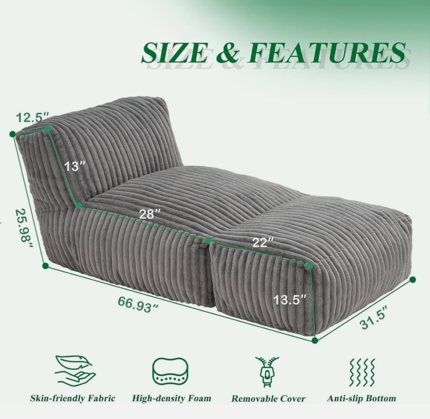Grey Corduroy Lounger Sofa Bean Bag Chair - photo 4