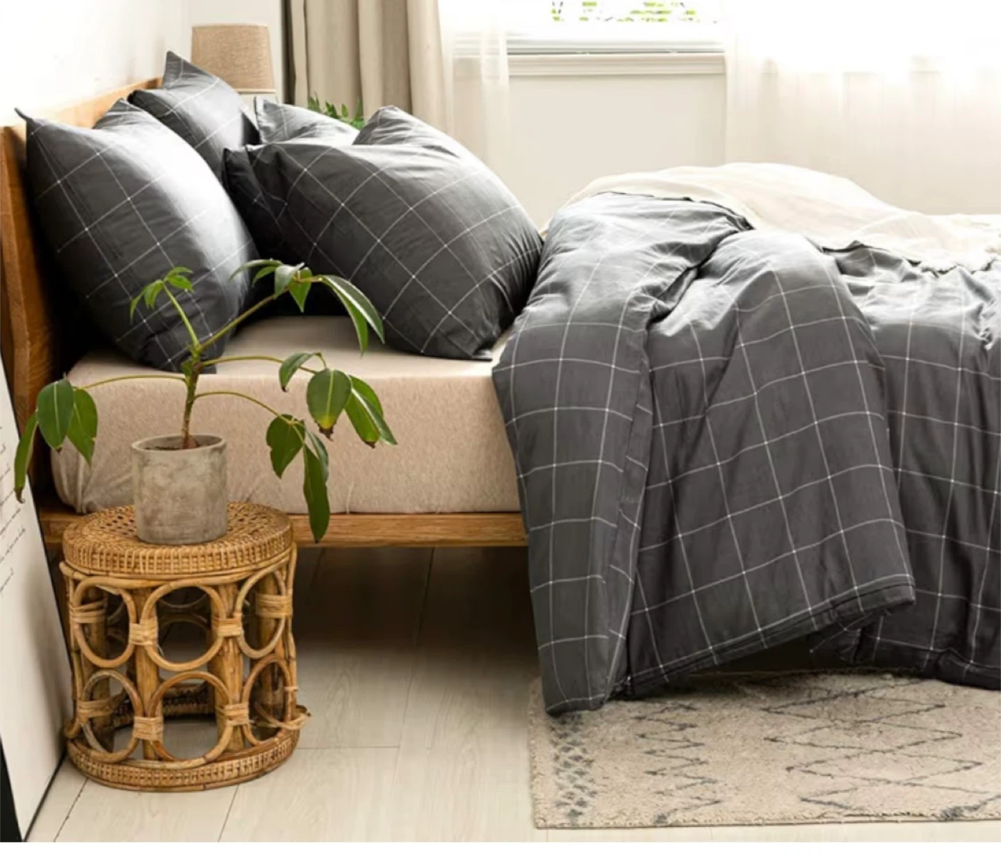 Jellymoni 100% Cotton Duvet Cover Set - Grey Plaid twin size - photo 2