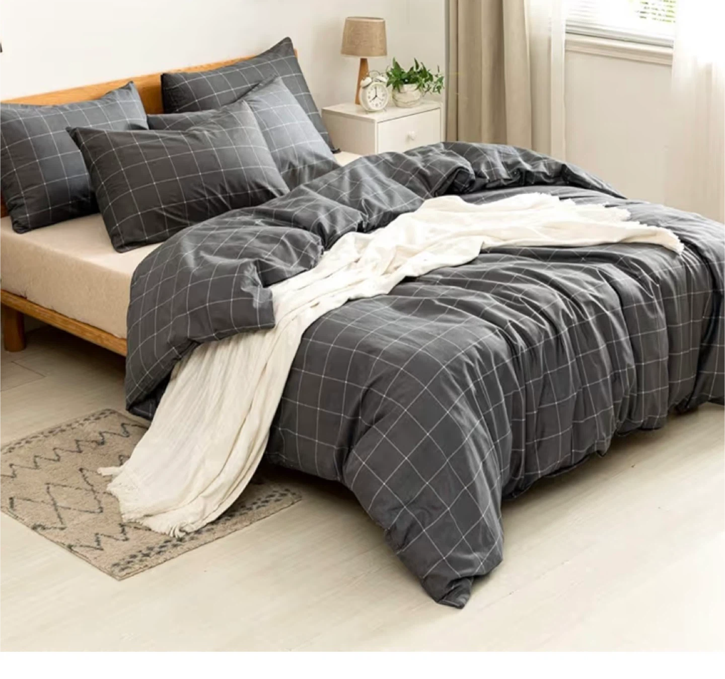 Jellymoni 100% Cotton Duvet Cover Set - Grey Plaid twin size - photo 3