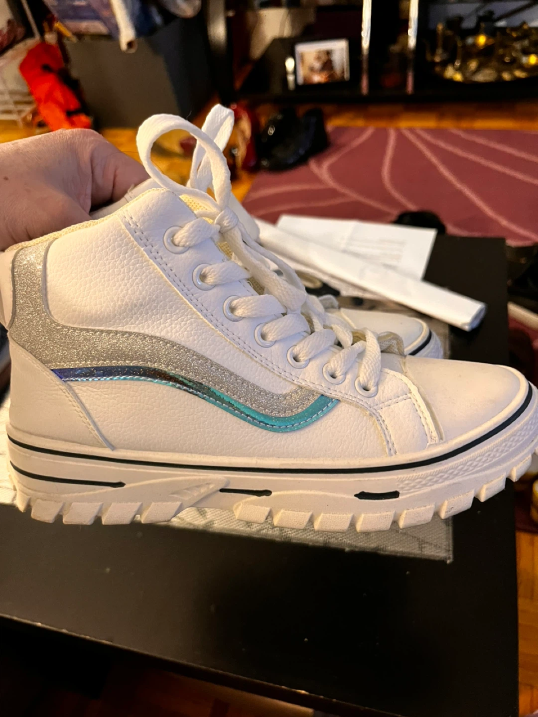 White High-Top Sneakers silver accents size 7