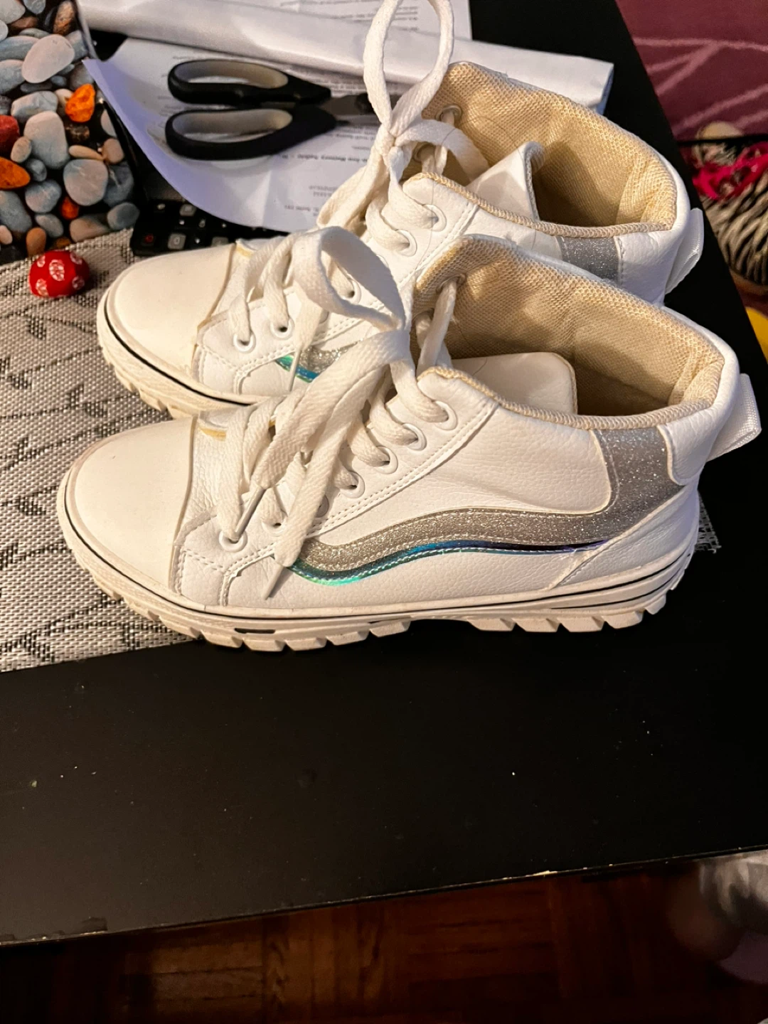 White High-Top Sneakers silver accents size 7 - photo 5