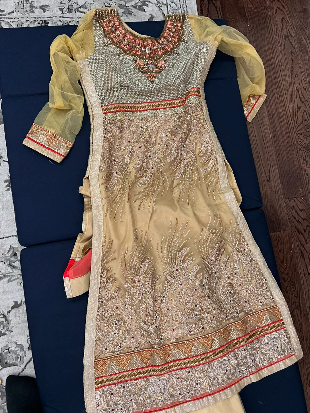 Embellished Gold Salwar Kameez with Sharara Pants