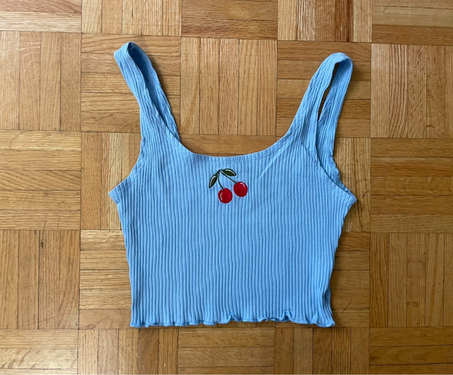 Light Blue Ribbed Crop Top with Cherry Embroidery