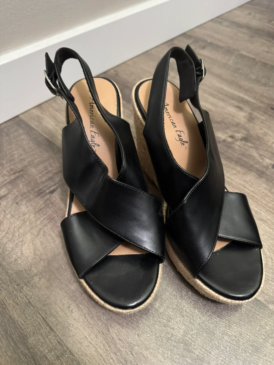 American Eagle Black Wedge Espadrille Sandals