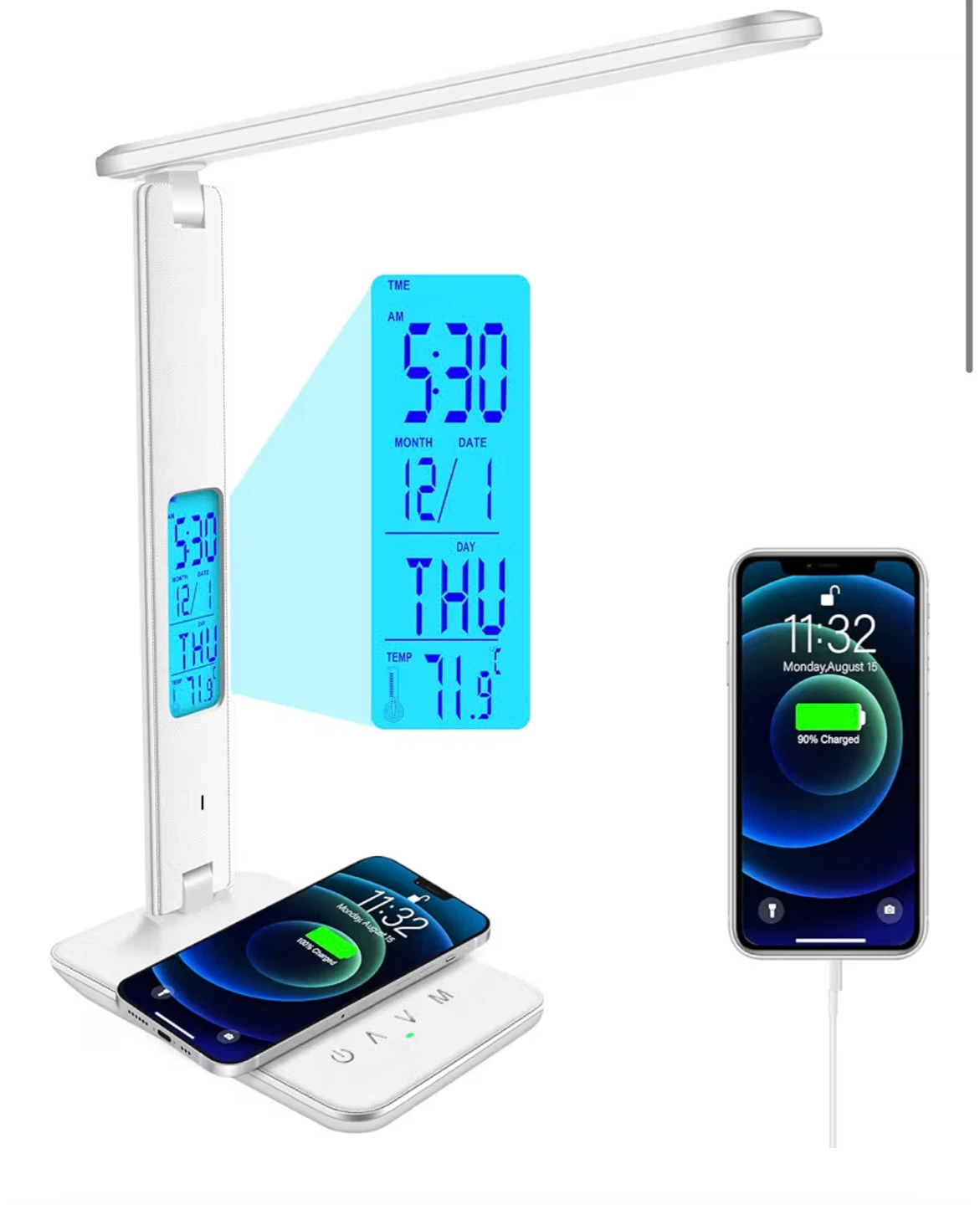 White LED Desk Lamp with Digital Display and Wireless Charging