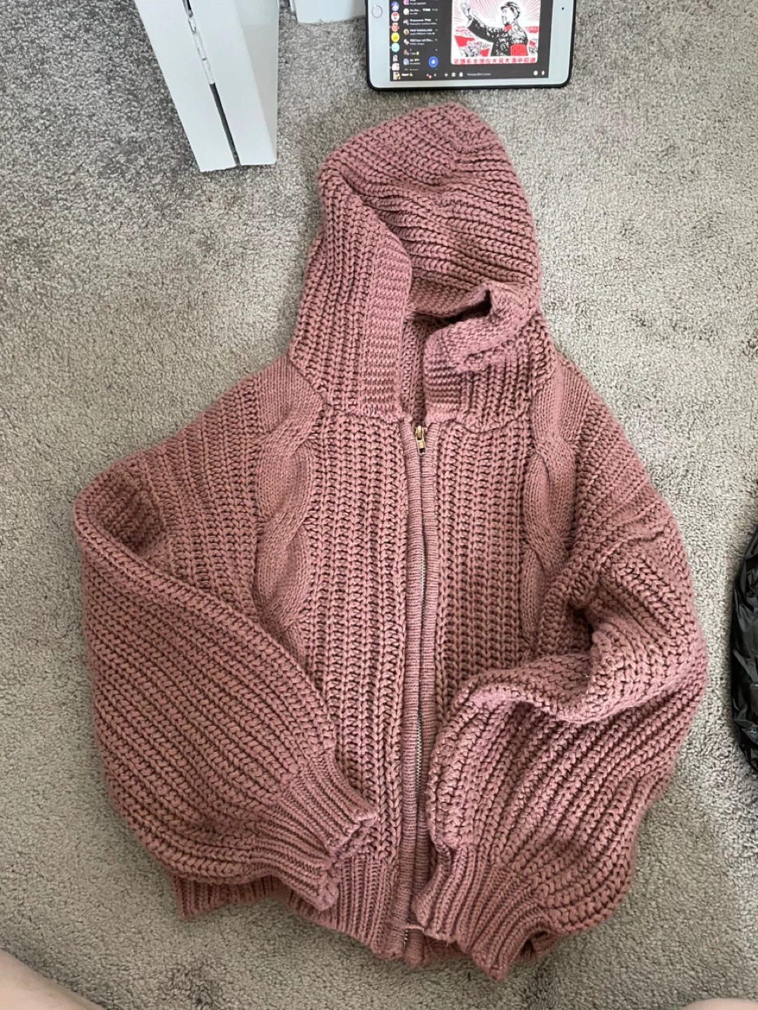 Pink Chunky Knit Zipper Hoodie