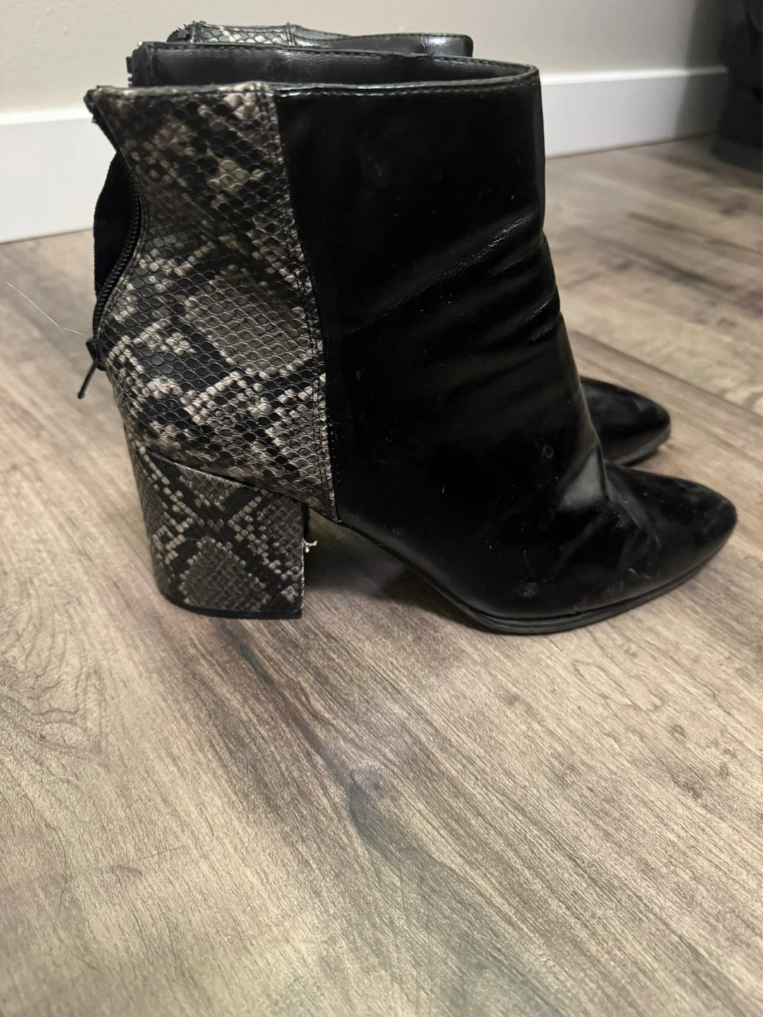 Black Faux Leather & Snake Print Ankle Boots