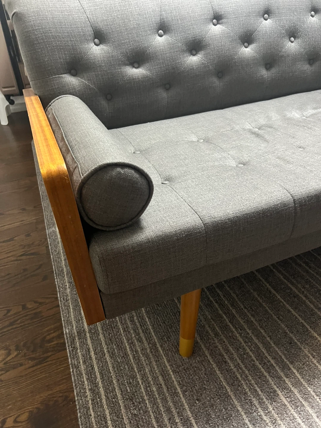 Grey Tufted Sofa with Wooden Accents - photo 2