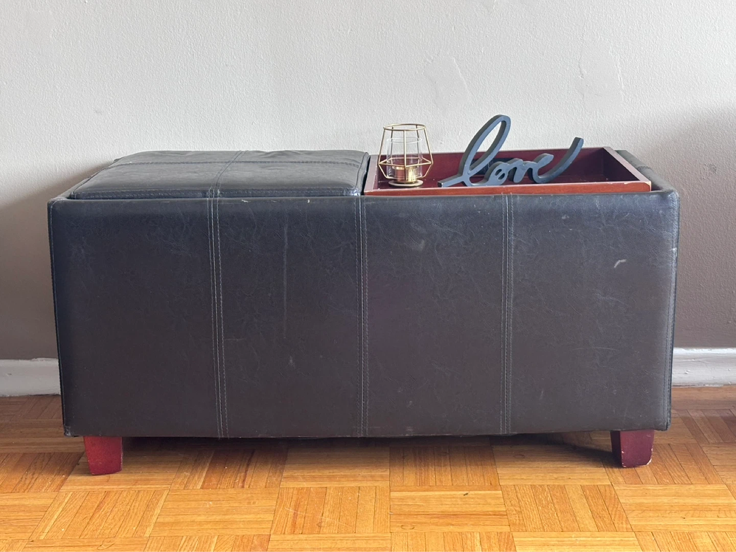 Black Faux Leather Storage Ottoman Bench with Trays