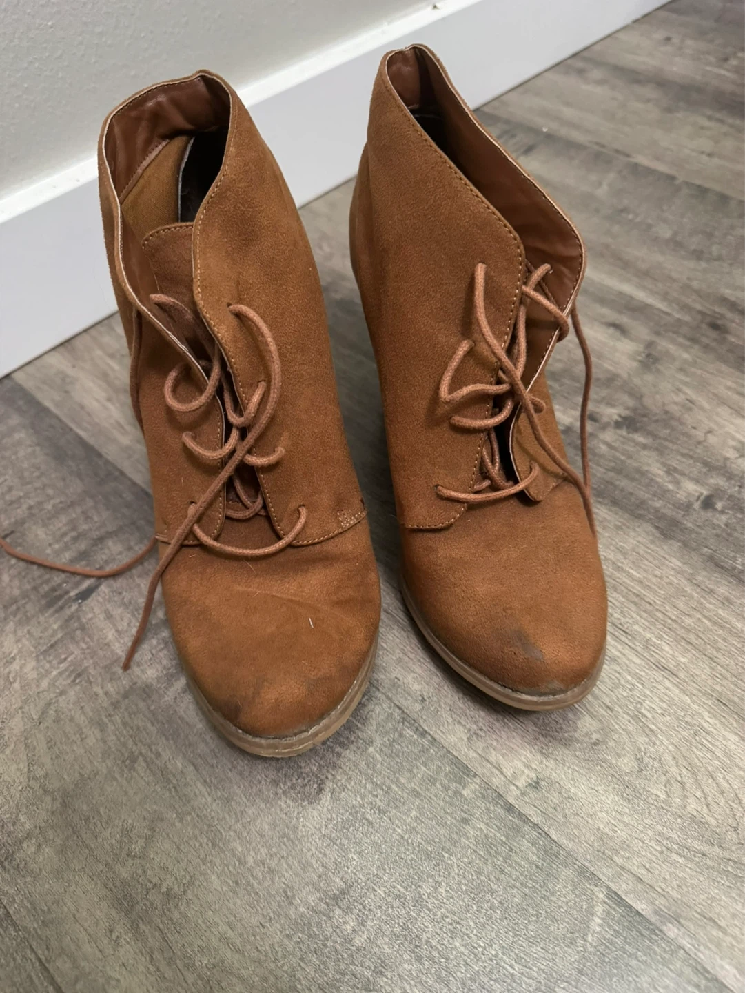 Brown Suede Lace-Up Heeled Booties