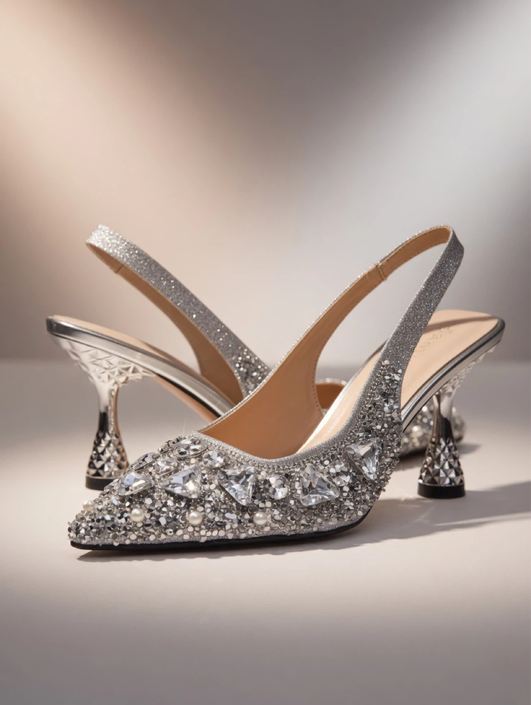 Silver Embellished Slingback Heels