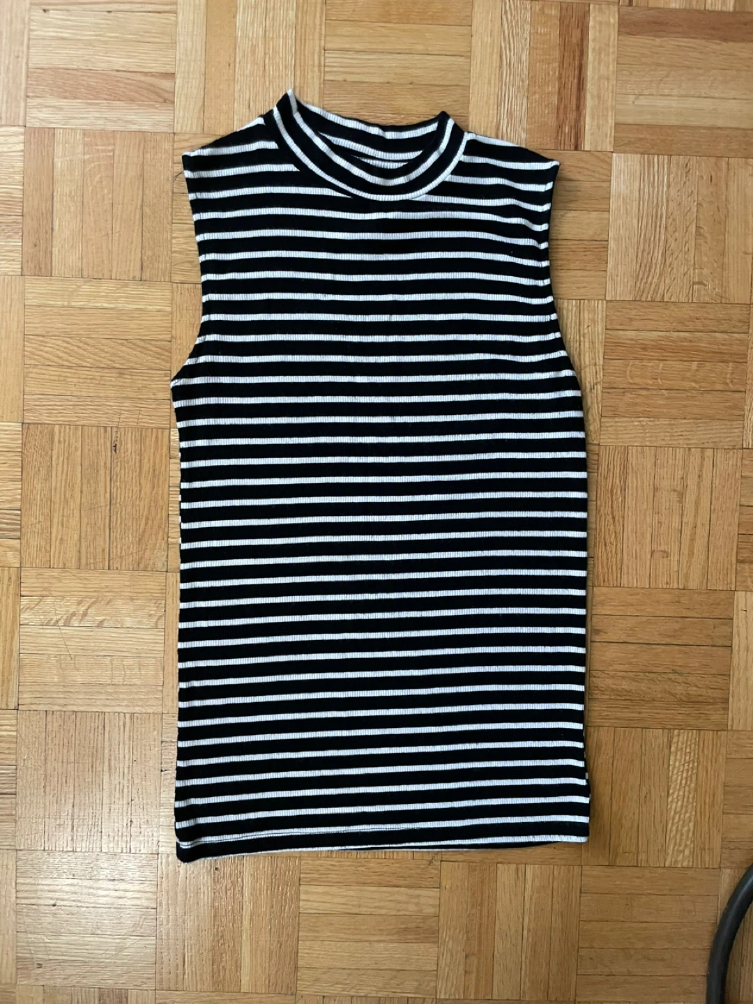 Black and White Striped Sleeveless Mock Neck Top