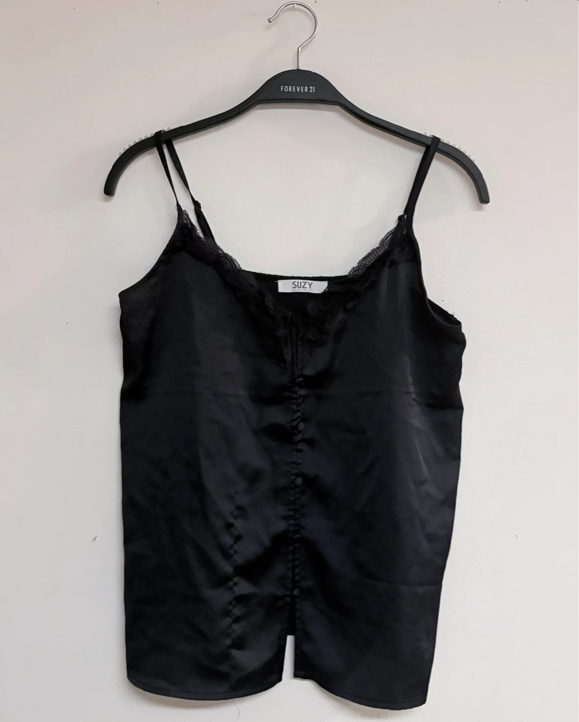Black Satin Camisole with Lace Trim - XS