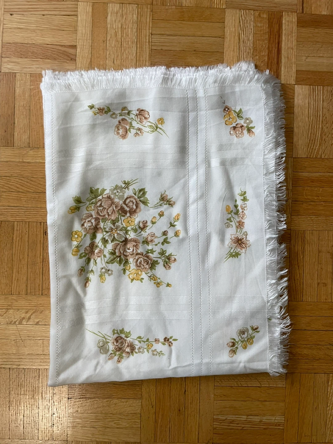 White Floral Tea Towel with Fringe