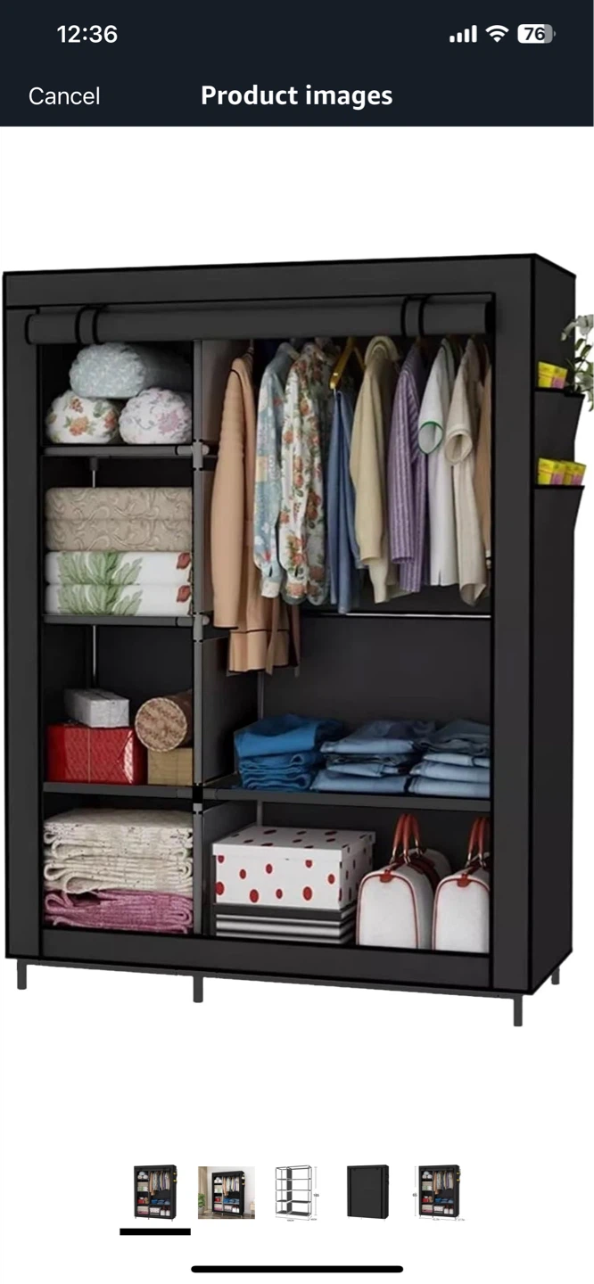 Black Fabric Wardrobe with Shelves and Hanging Rod - photo 3