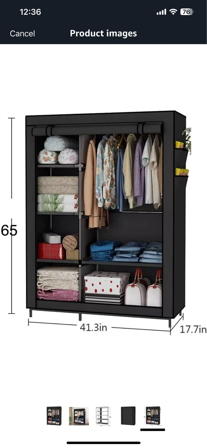 Black Fabric Wardrobe with Shelves and Hanging Rod