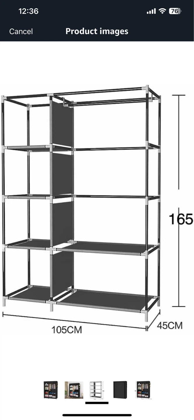 Black Fabric Wardrobe with Shelves and Hanging Rod - photo 2