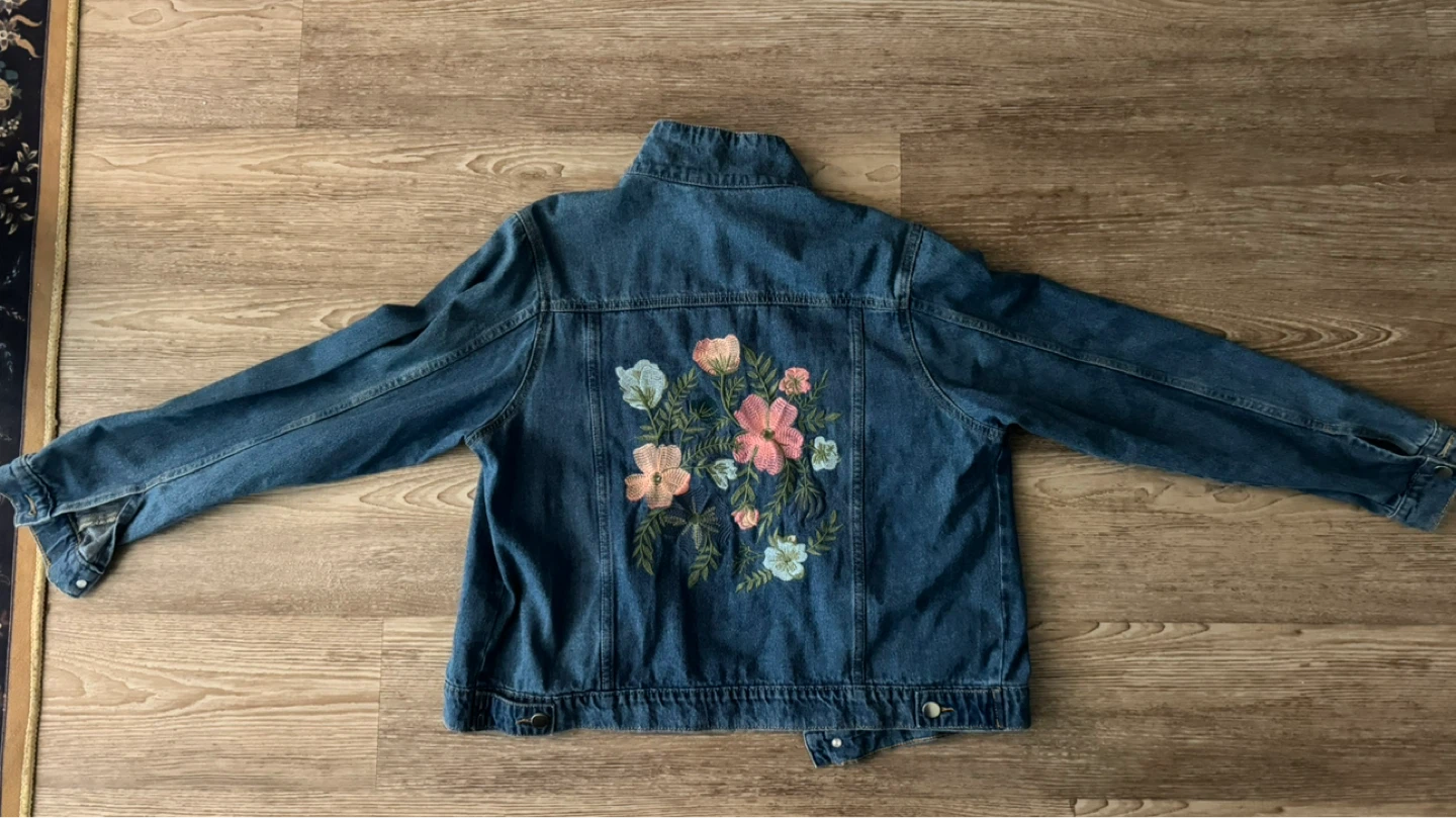 Blue Denim Jacket with Floral Embroidery